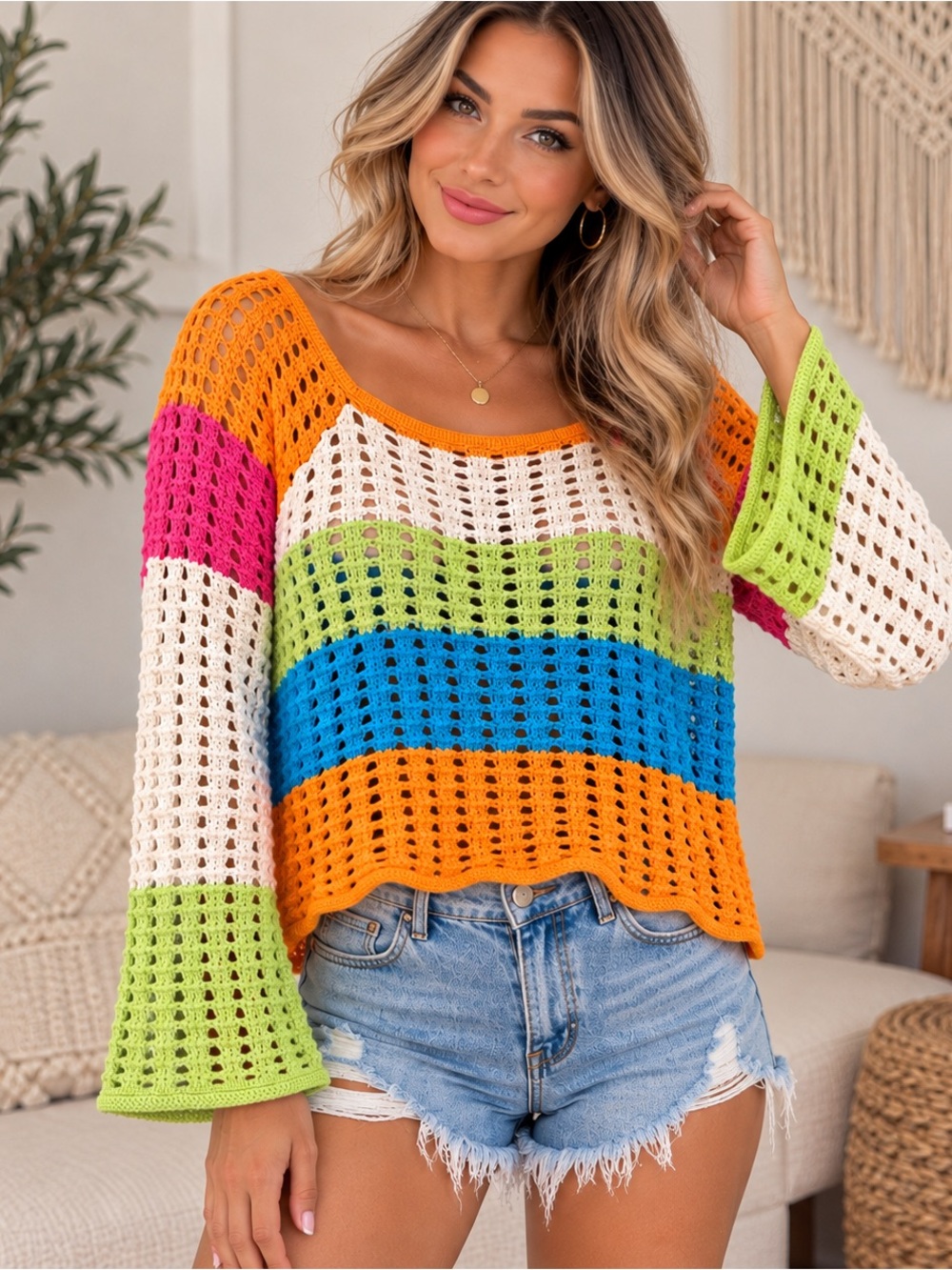 Women’s Crochet Sweater Large Multicolor Striped Bell Sleeve Boho Y2K